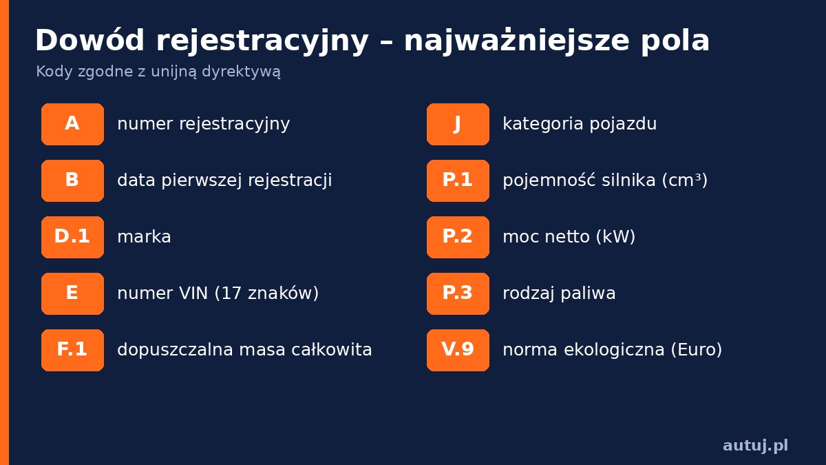 Infografika: najważniejsze pola dowodu rejestracyjnego – A, B, D.1, E, P.1, P.2, V.9